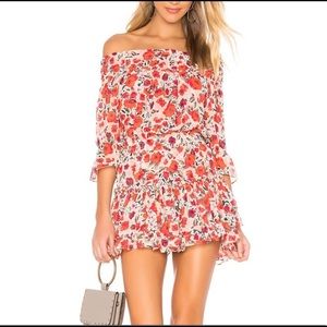MISA Los Angeles Darla Red Floral Off-Shoulder
Smocked Ruffled Mini Dress